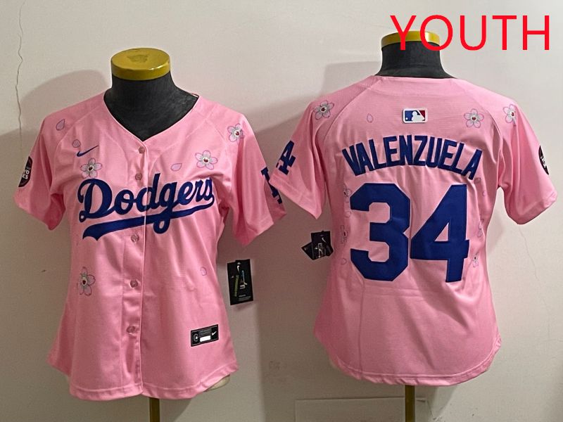 Youth Los Angeles Dodgers #34 Valenzuela Pink Sakura Edition 2025 Nike MLB Jersey style 31->youth mlb jersey->Youth Jersey